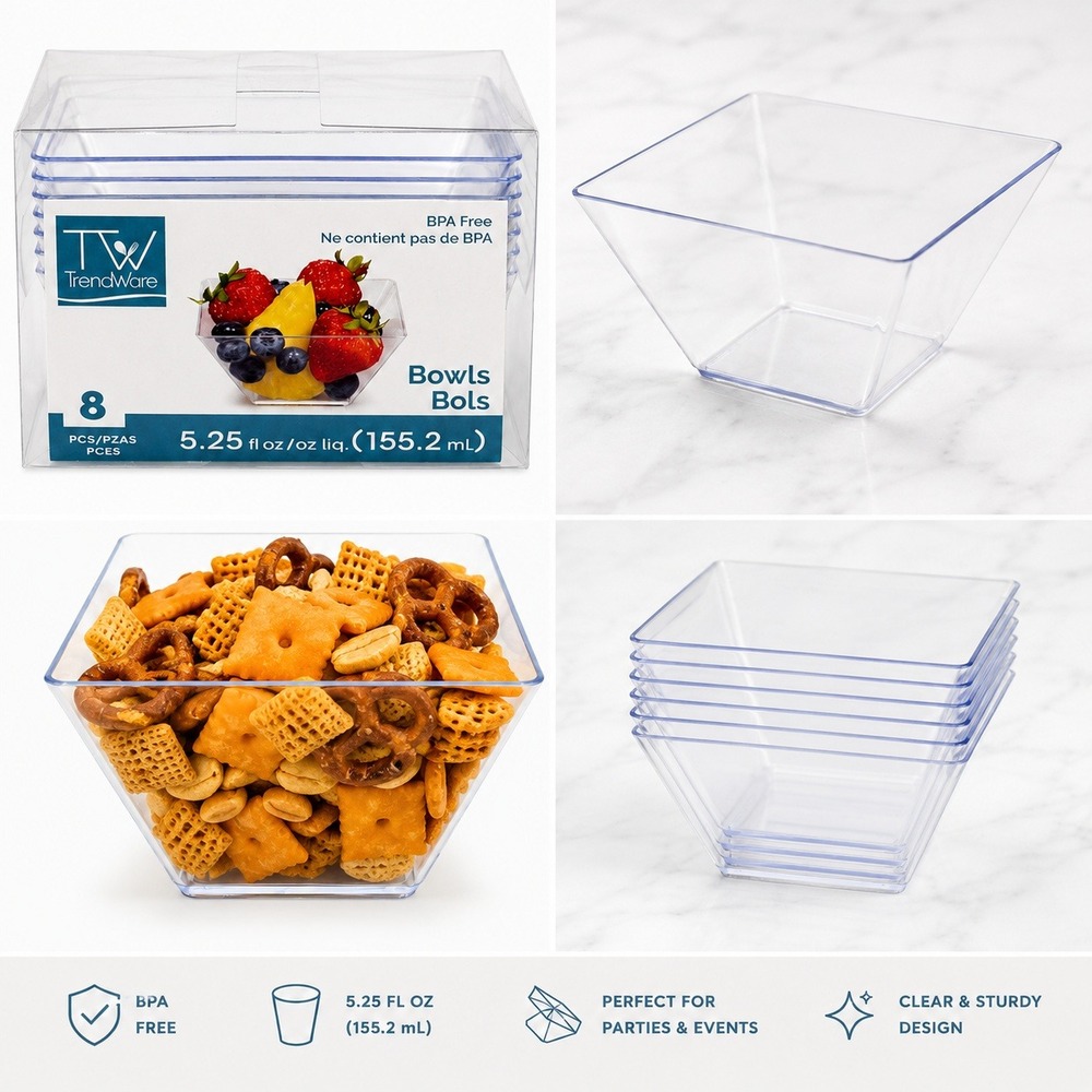 96 x Trendware Party Plastic Bowls Square Clear Party Catering Snack Guest